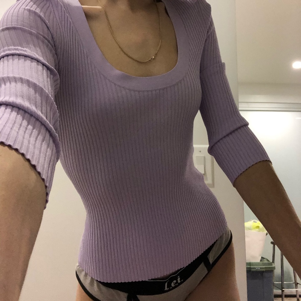 Ribbed lavender quarter sleeve top-ALC
